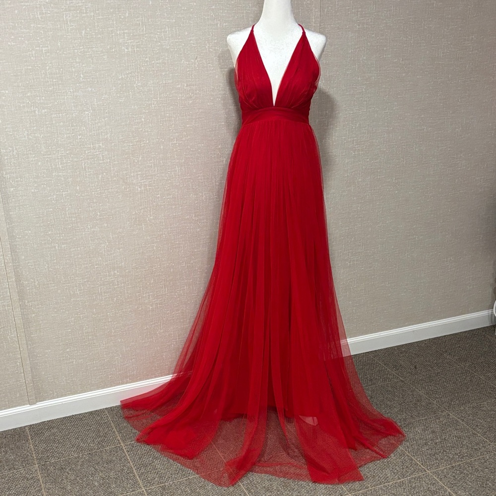 Fashion Nova Vibrant Red Halter Tulle Evening Gown